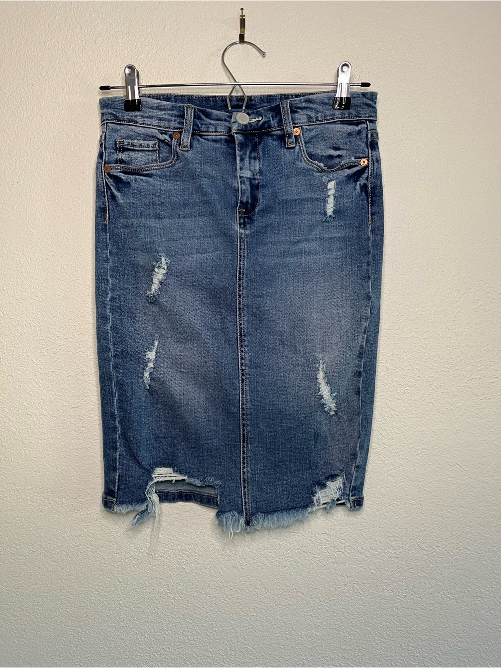 Blank NYC Blue Distressed Denim Pencil Skirt
